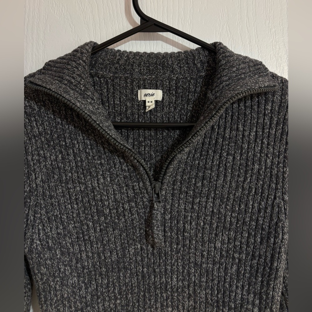 NWOT Aerie Quarter Zip Knit Ribbed Grey Soft Cozy Cropped Sweater Size Medium - Picture 2 of 7
